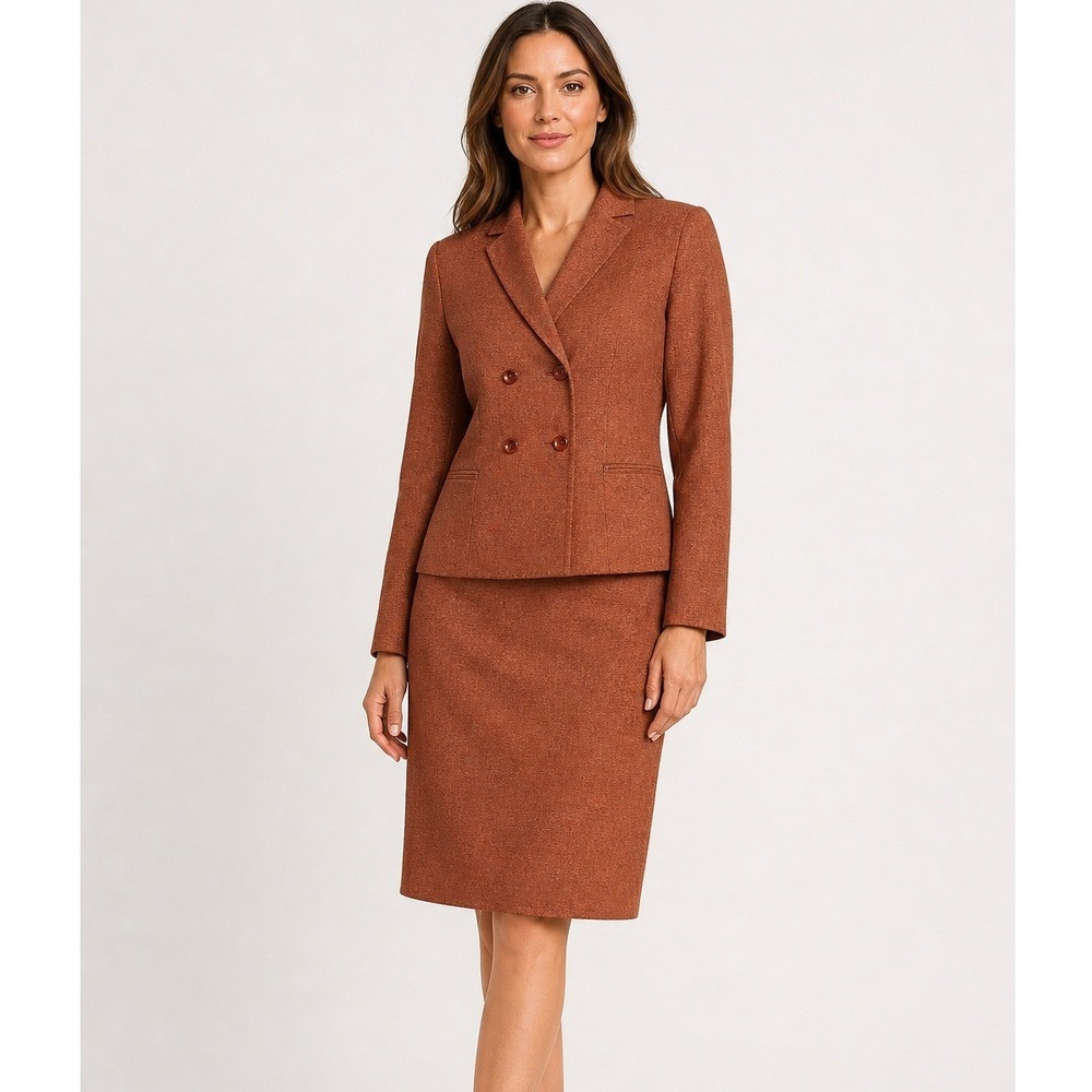 Larry Levine Suits Womens Rust Orange 2 Pc Double Breasted Blazer Skirt Set 10